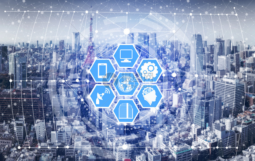智能城市无线通信网络以图形显示互联网iot和信息通技术ict的概念与背景中的现代城市建筑相对智能城市和无线通信网络高清图片下载-正版图片302546533