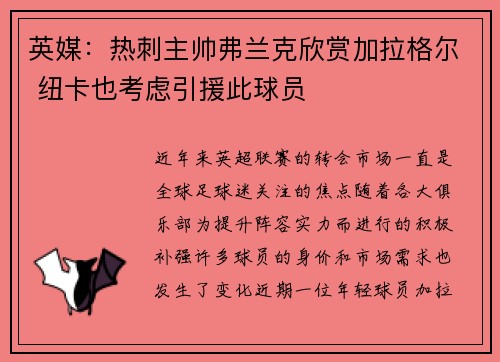 英媒：热刺主帅弗兰克欣赏加拉格尔 纽卡也考虑引援此球员