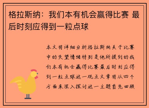 格拉斯纳：我们本有机会赢得比赛 最后时刻应得到一粒点球