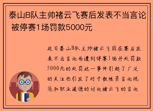 泰山B队主帅褚云飞赛后发表不当言论 被停赛1场罚款5000元