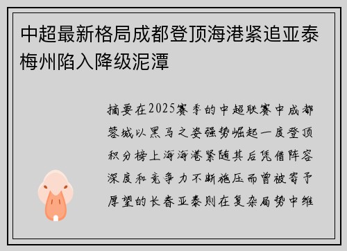 中超最新格局成都登顶海港紧追亚泰梅州陷入降级泥潭